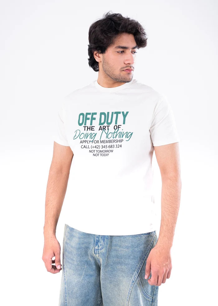 Men's off-white crew-neck winter T-shirt with green “OFF DUTY” graphic, 3/4 view