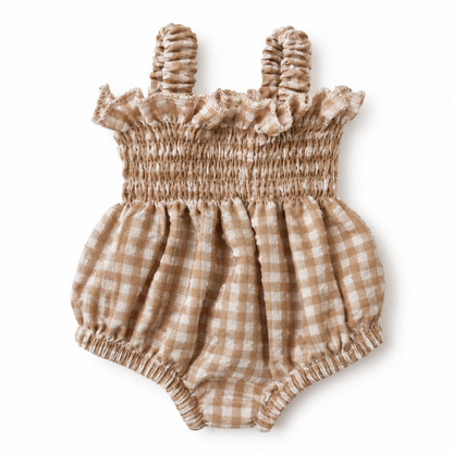 Mini Colettos - Ellory Designs Doll Romper - Agnes Smock Beige Gingham