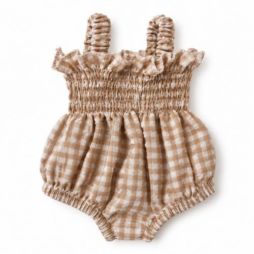 Mini Colettos - Ellory Designs Doll Romper - Agnes Smock Beige Gingham