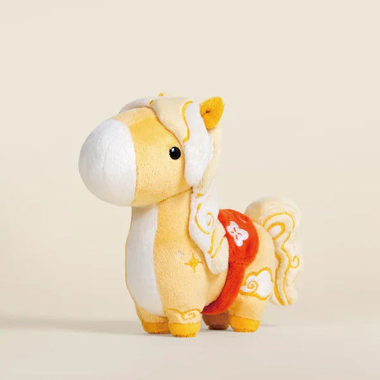 Plush toy horse with a white and yellow design on a beige background