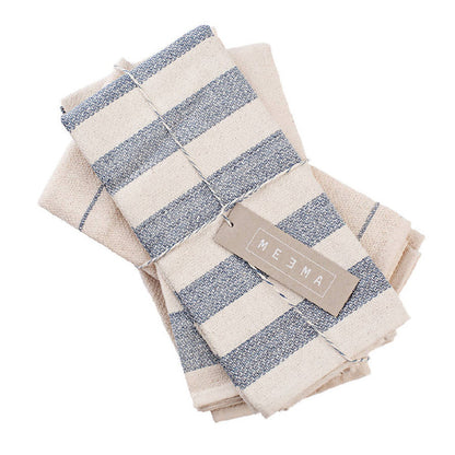 A set of four folded striped kitchen towels in natural and blue denim colors.
