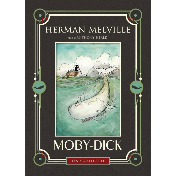 Cover of the Moby-Dick Audio CD featuring an illustration of a whale and a ship at sea from a classic novel by Herman Melville, read by Anthony Heald.