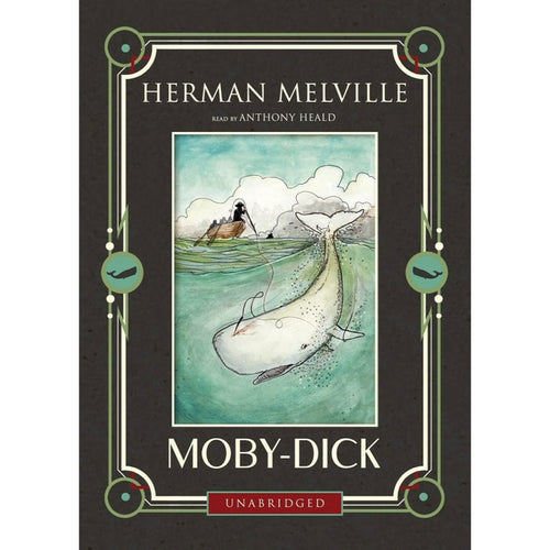 Cover of the Moby-Dick Audio CD featuring an illustration of a whale and a ship at sea from a classic novel by Herman Melville, read by Anthony Heald.