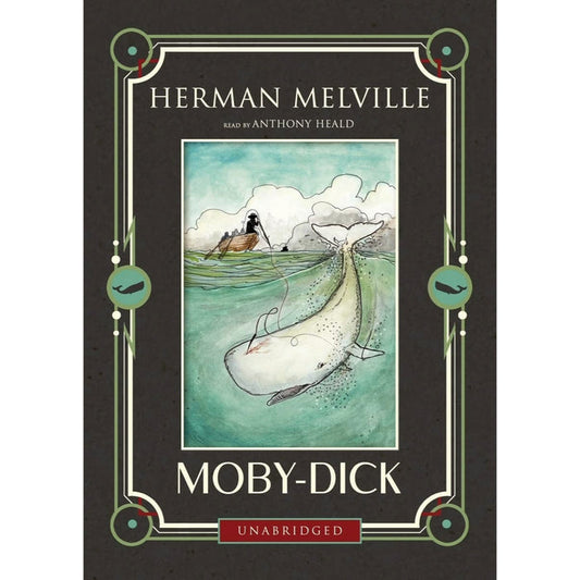 Cover of the Moby-Dick Audio CD featuring an illustration of a whale and a ship at sea from a classic novel by Herman Melville, read by Anthony Heald.