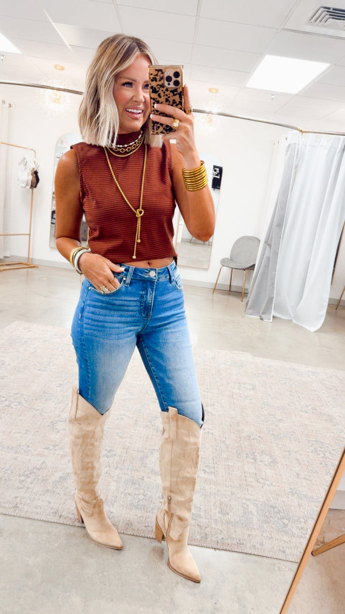 Mock Neck Sleeveless Top-Camel/Navy