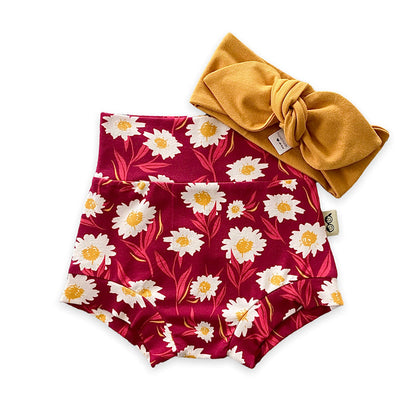 Mums Flowers on Burgundy Bummies and Mustard Headband