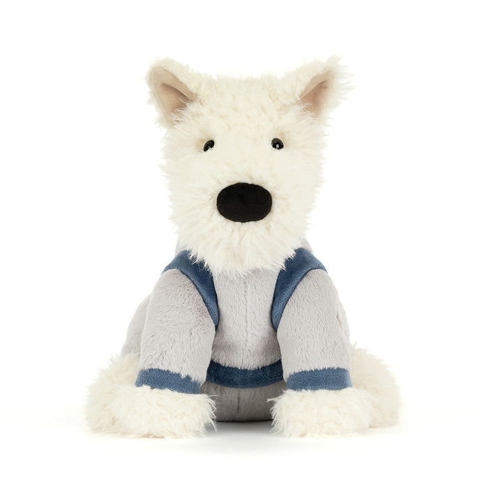 White plush dog with a blue space suit on a white background