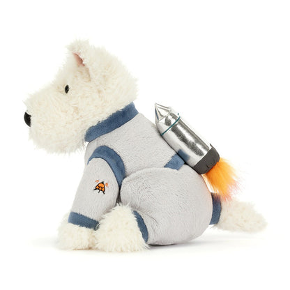 Plush dog toy with a space suit and rocket on a white background