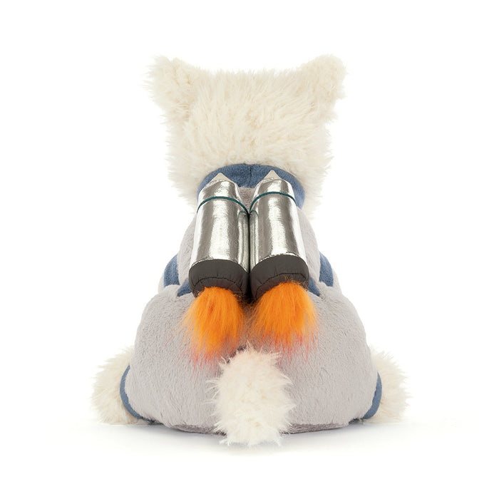 Plush dog with metallic jet-pack on a white background