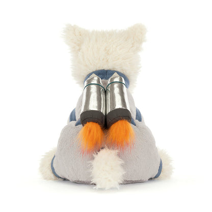 Plush dog with metallic jet-pack on a white background