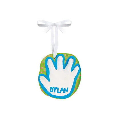 Decorative ornament with a handprint and the name 'Dylan' on a white background