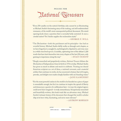 Back cover  with Praise for 'National Treasure' with quotes from various authors on a yellow background