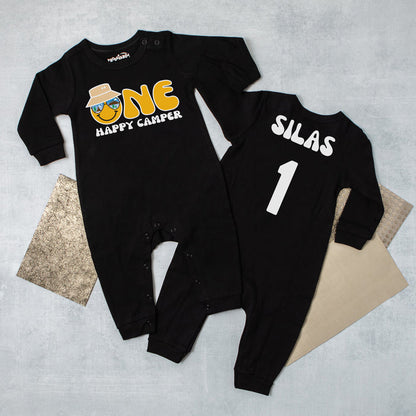 "One Happy Camper" Long Sleeve First Birthday Romper