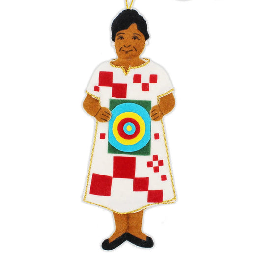 An ornament of Alma Thomas made from felt with gold trim