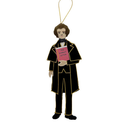 Ornament of a person in a black suit holding 'The Scarlet Letter' on a white background