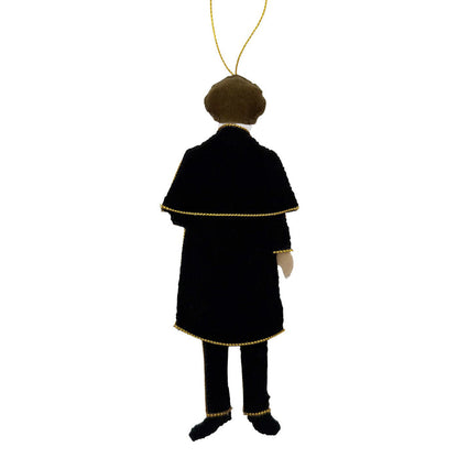 Decorative ornament of a person in a black robe with a gold trim on a white background