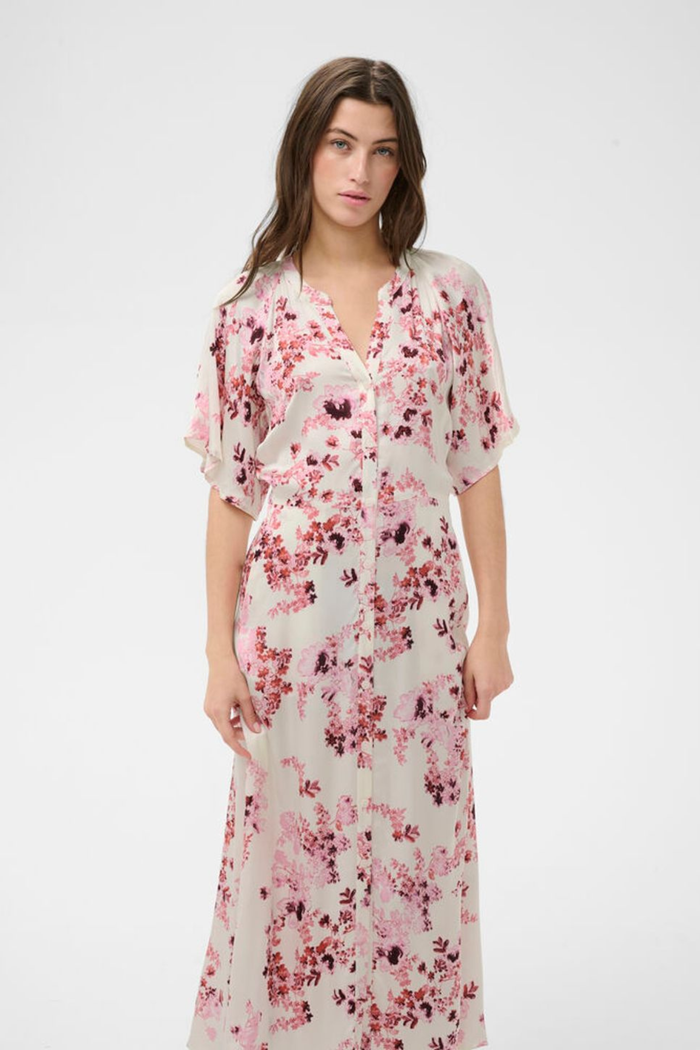 Model wearing Part Two 30310465 AlajaPW Pink Shadow Flower Print Dress by part two, shop part two at Dotique in floral design