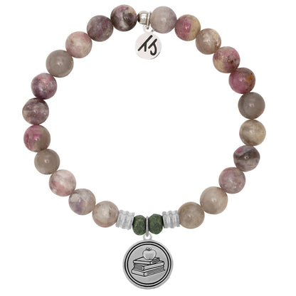 Pink Tourmaline Stone Bracelet with Teacher Sterling Silver Charm