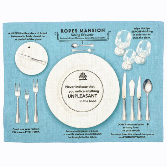A canvas placemat with illustrated dining etiquette guidelines and a layout of proper table setting including a plate, utensils, and glassware.