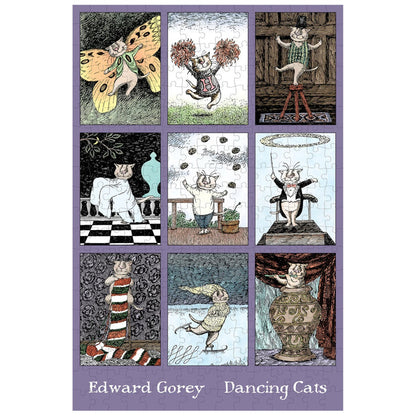 Collage of illustrations of cats in various poses with 'Edward Gorey Dancing Cats' text.