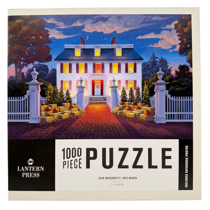 Puzzle box with a mansion and pumpkin patch design, featuring Lantern Press branding.