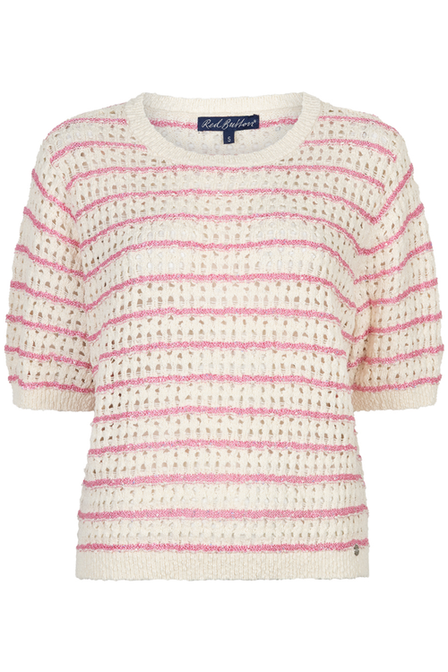 Striped knit top by Red Button in pink. Lightweight, relaxed and easy to wear with jeans or trousers. Shop online at Dotique.