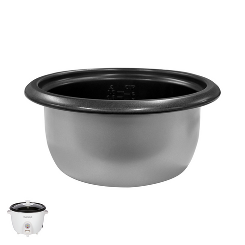 Aluminum replacement inner pot with black nonstick coating for Cuckoo rice cookers, shown with a compatible unit. (INNERPOT-CR-0601C)