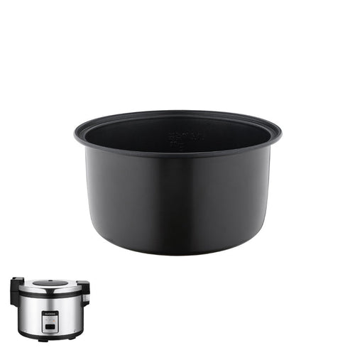 Black nonstick replacement inner pot for Cuckoo rice cookers, shown with a compatible unit. (INNERPOT-CR-3055)