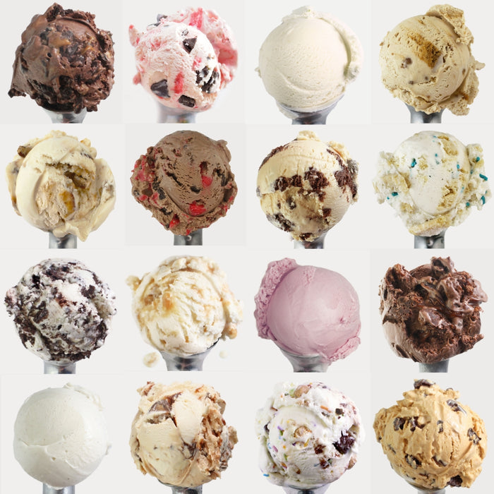 16 different flavors of ice cream on ice cream scoopers
