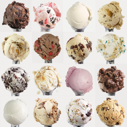 16 different flavors of ice cream on ice cream scoopers