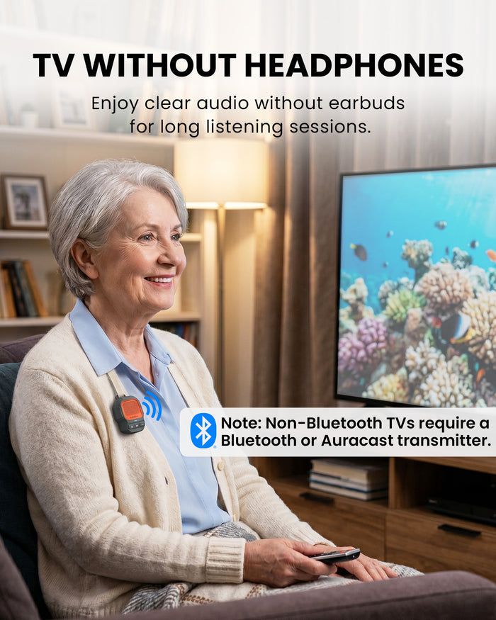 ShareCast Solo Clip-On Auracast Speaker with LE Audio for clear sound without earbuds for long listening sessions. Non-TV use, and requires a Bluetooth or Auracast transmitter.