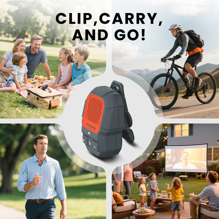 ShareCast Solo Clip-On Auracast Speaker with LE Audio for Group Listening. Clip-and-carry design, and ready-to-use wireless audio.