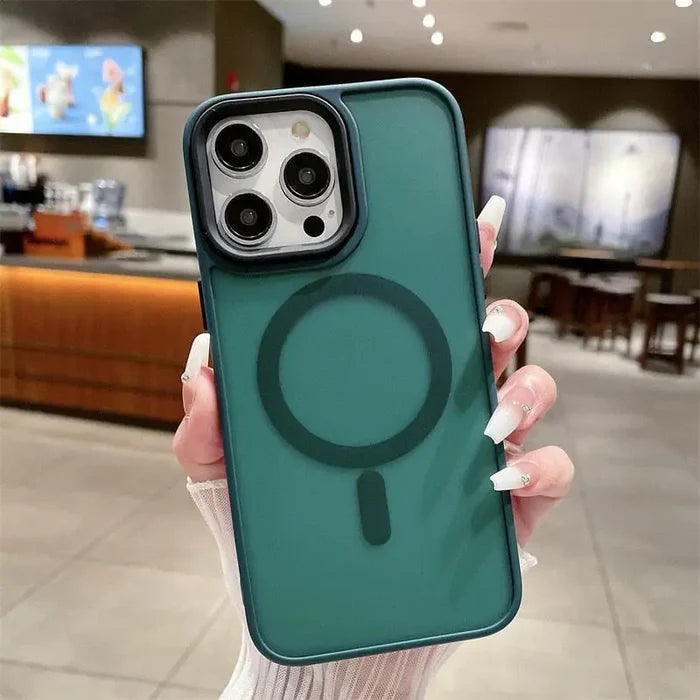 A woman holding a green phone case with a magni