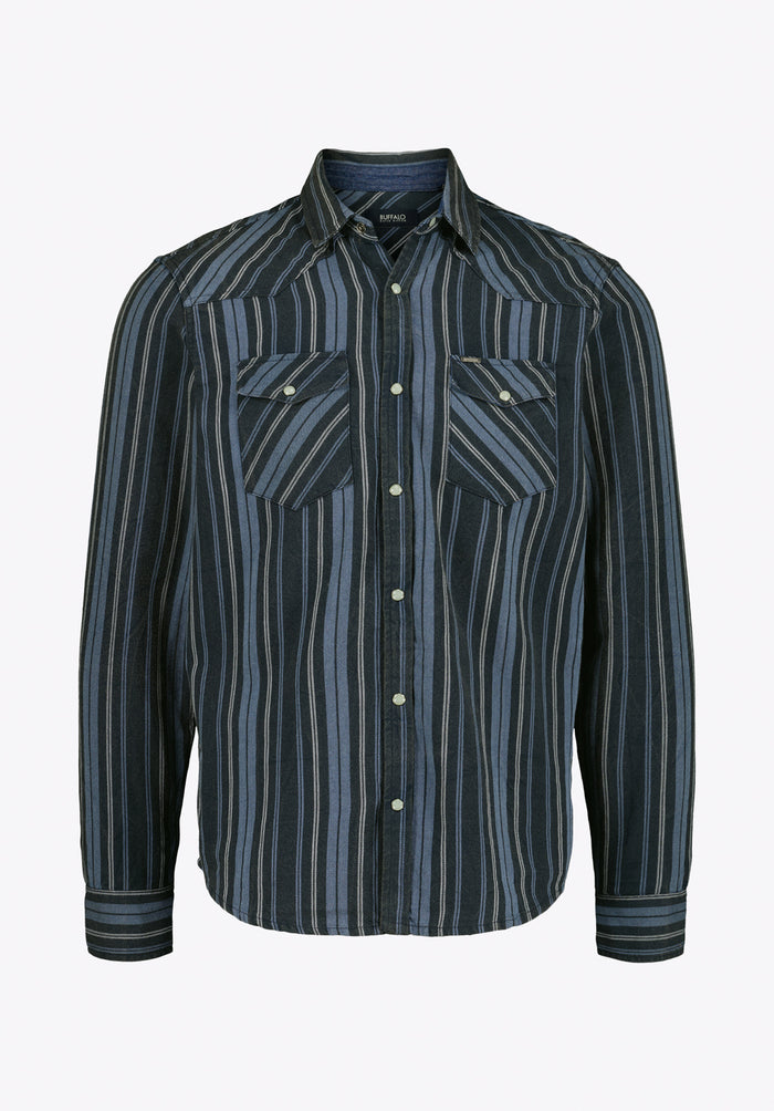 Buffalo Men Shirts Blue Woven Woven Long Sleeve Cotton Blend Long Sleeve