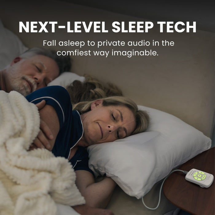 Slumber 2 Bluetooth Pillow Sleep Headphones with 4 flat speakers and white noise, supports Bluetooth streaming, 3.5mm AUX input, and built-in white noise