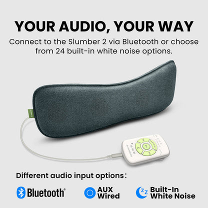 Slumber 2 Bluetooth Pillow Sleep Headphones with 4 flat speakers, supports Bluetooth streaming, 3.5mm AUX input, or 24 built-in white noise options.