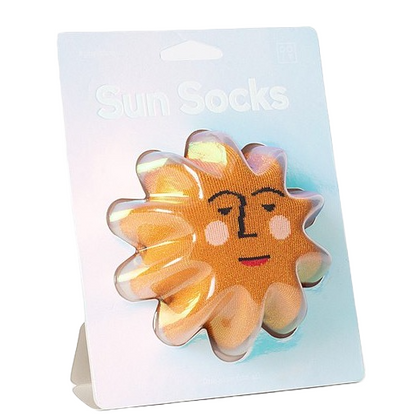 Gold socks in the shape of the sun with a face.