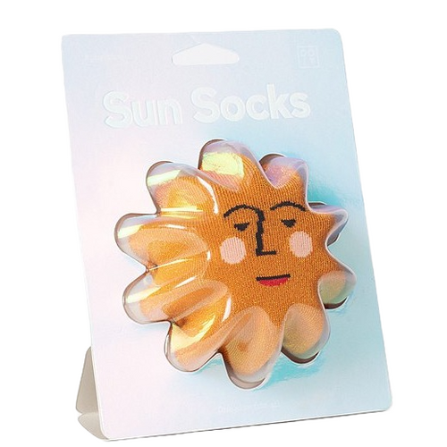 Gold socks in the shape of the sun with a face.