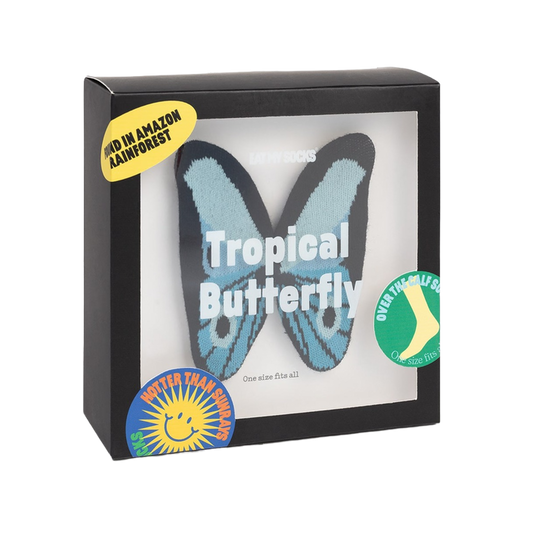 A pair of socks with a blue butterfly pattern in a box labeled Tropical Butterfly