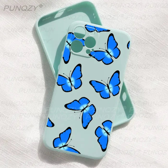a blue butterfly phone case on a white background