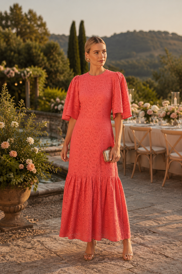 Model wears the Stella Nova Cotton Lace Maxi Dress CL61-4417 in coral with flutter sleeves and intricate lace detailing, shop Stella Nova at Dotique.