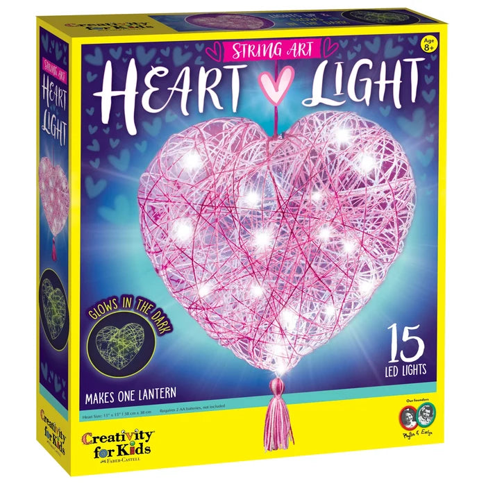 Box of 'Heart Light' string art kit with pink heart design and LED lights, featuring Creativity for Kids branding.