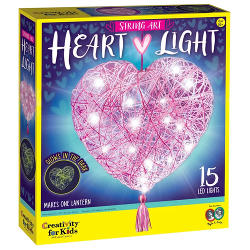 Box of 'Heart Light' string art kit with pink heart design and LED lights, featuring Creativity for Kids branding.