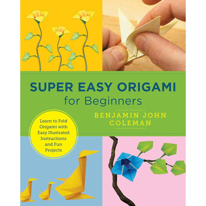 Book cover of 'Super Easy Origami for Beginners' with origami illustrations and a person folding paper.