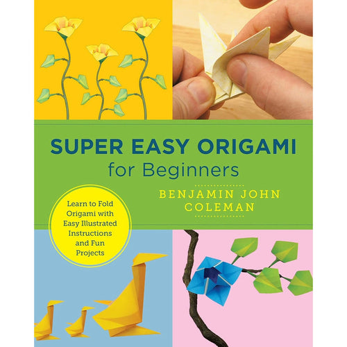 Book cover of 'Super Easy Origami for Beginners' with origami illustrations and a person folding paper.