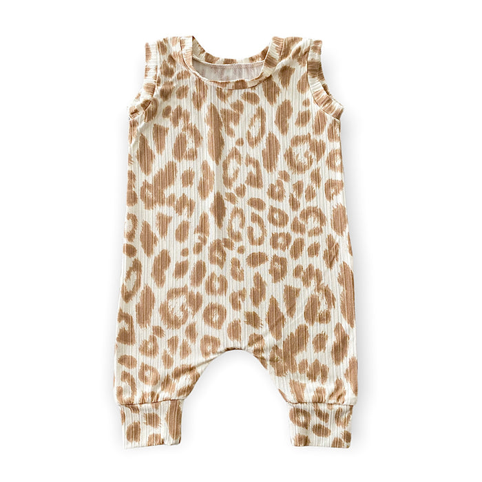 Taupe Cream Leopard Ribbed Harem Romper