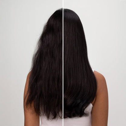 Side-by-side comparison of long, dark hair on a plain background
