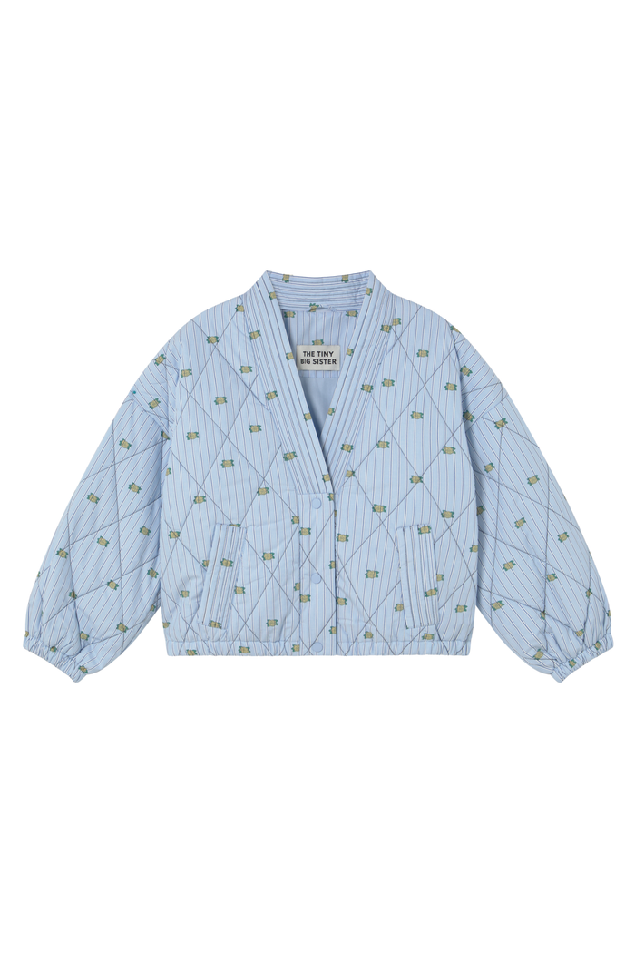 Tiny Big Sister striped jacket with delicate mini floral detail, softly padded and fully lined. A fresh, stylish layer for spring. Shop at Dotique.