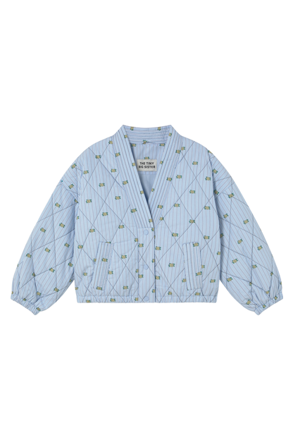 Tiny Big Sister striped jacket with delicate mini floral detail, softly padded and fully lined. A fresh, stylish layer for spring. Shop at Dotique.