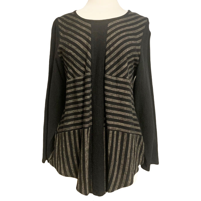 A long sleeve black and grey striped fitted top displayed on a mannequin.